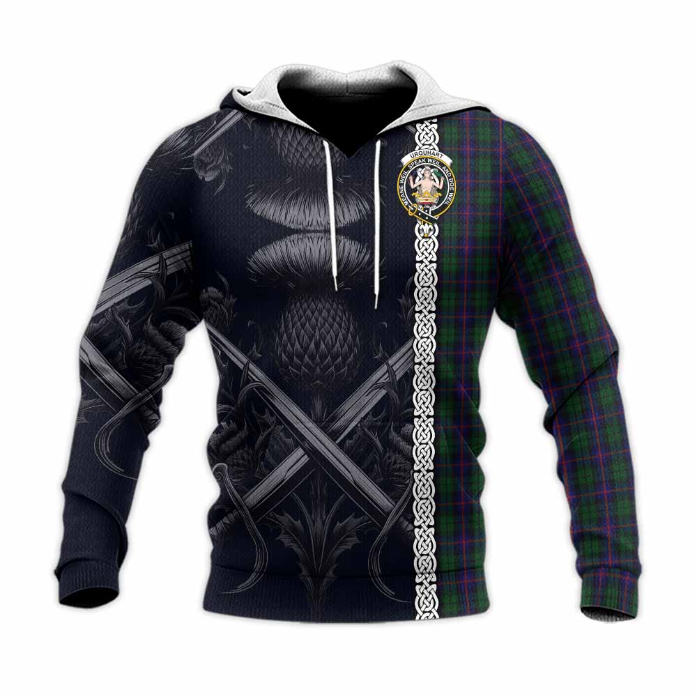 Tartan Vibes Clothing Urquhart Tartan Knitted Hoodie with Family Crest Cross Sword Thistle Celtic Vibes