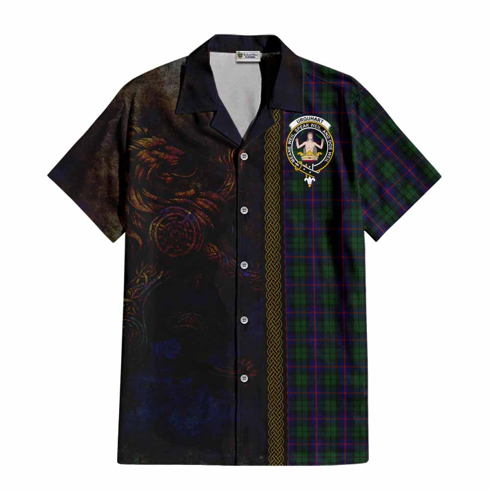 Tartan Vibes Clothing Urquhart Tartan Family Crest Short Sleeve Button Shirt Alba Gu Brath Be Brave Lion Ancient Style