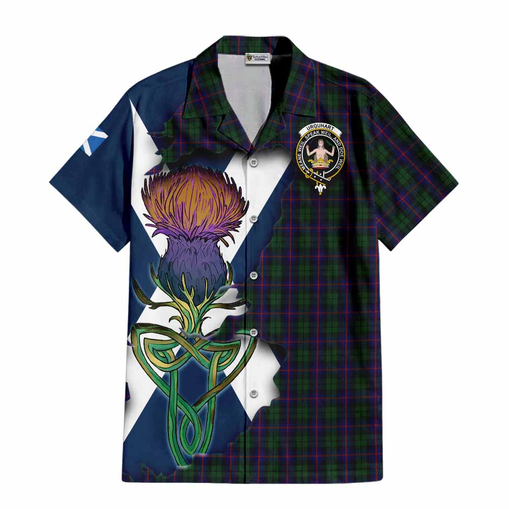 Tartan Vibes Clothing Urquhart Tartan Family Crest Short Sleeve Button Shirt Scottish Thistle Celtic Inspired