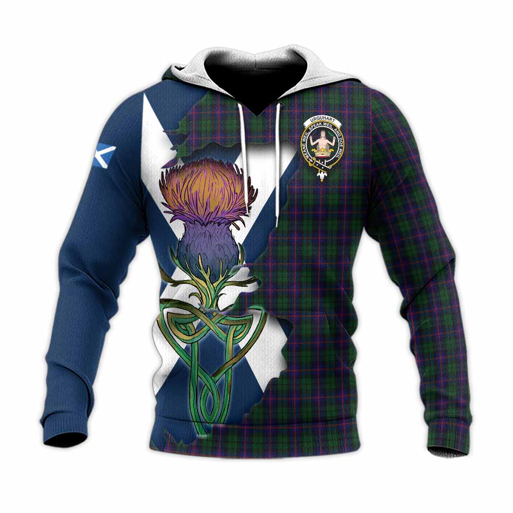Tartan Vibes Clothing Urquhart Tartan Family Crest Knitted Hoodie Scottish Thistle Celtic Inspired