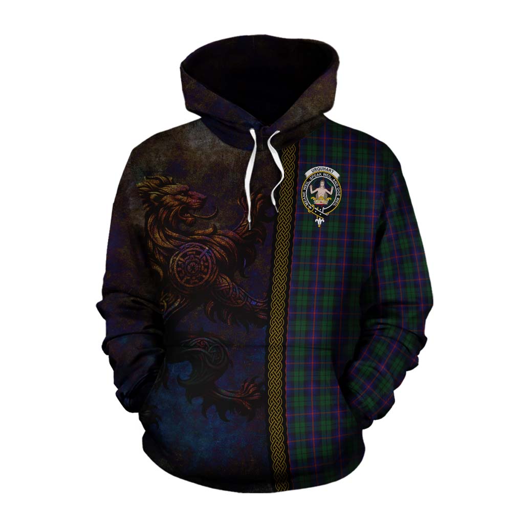 Tartan Vibes Clothing Urquhart Tartan Family Crest Cotton Hoodie Alba Gu Brath Be Brave Lion Ancient Style