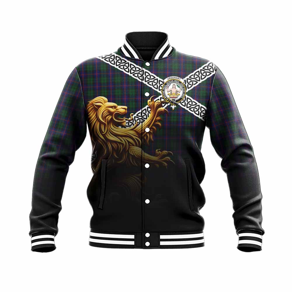 Tartan Vibes Clothing Urquhart Crest Tartan Baseball Jacket with Golden Lion Emblem Celtic Style