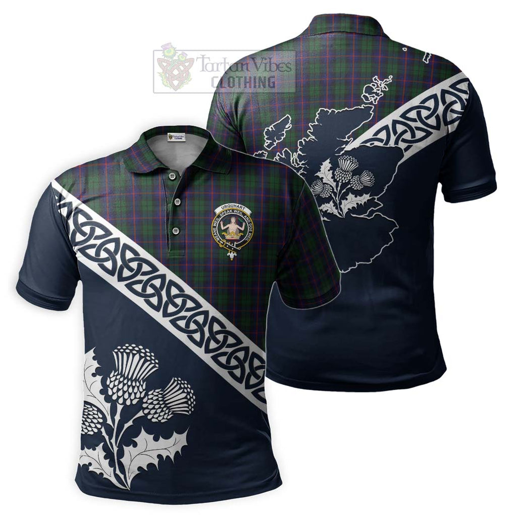 Urquhart Tartan Polo Shirt Featuring Thistle and Scotland Map
