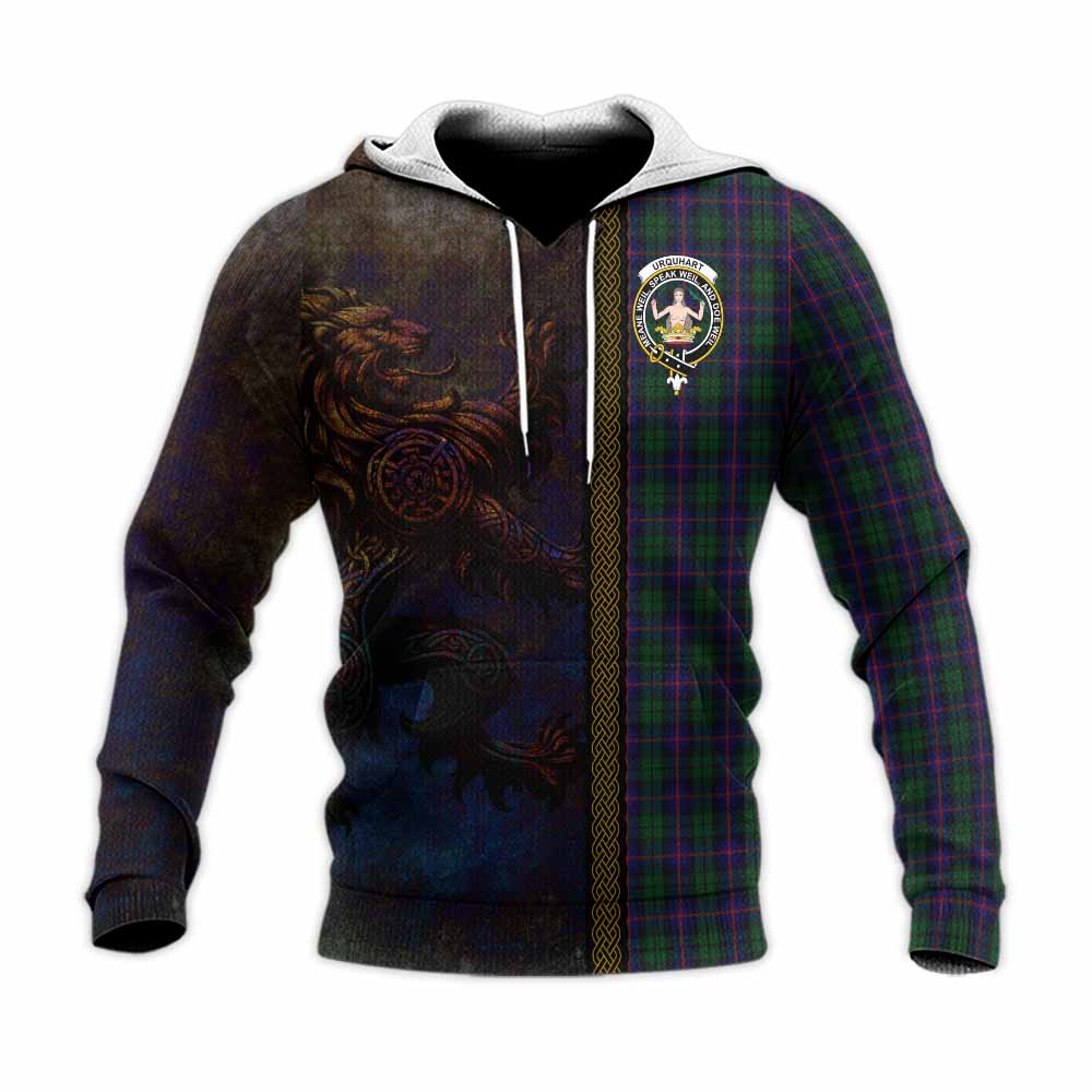 Tartan Vibes Clothing Urquhart Tartan Family Crest Knitted Hoodie Alba Gu Brath Be Brave Lion Ancient Style