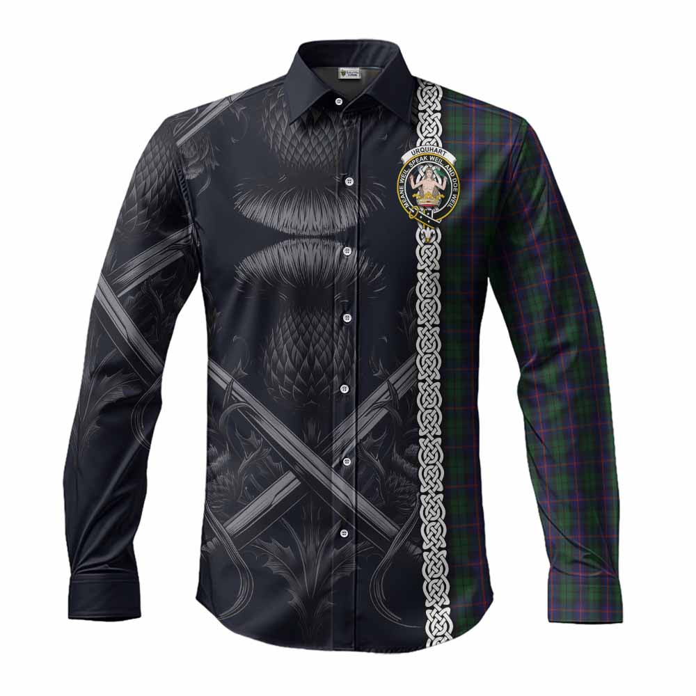 Tartan Vibes Clothing Urquhart Tartan Long Sleeve Button Shirt with Family Crest Cross Sword Thistle Celtic Vibes