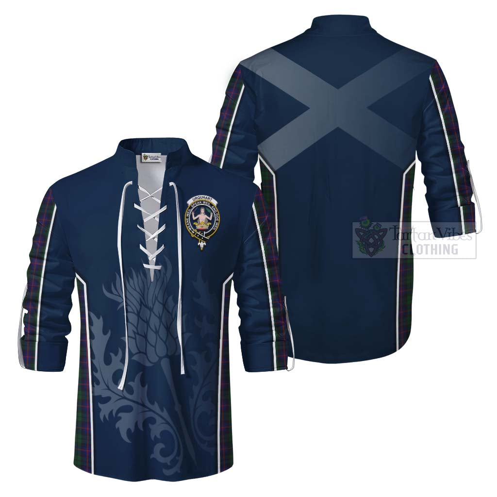 Tartan Vibes Clothing Urquhart Tartan Ghillie Kilt Shirt with Family Crest and Scottish Thistle Vibes Sport Style