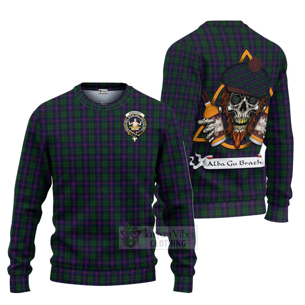 Tartan Vibes Clothing Urquhart Tartan Knitted Sweater with Family Crest and Bearded Skull Holding Bottles of Whiskey