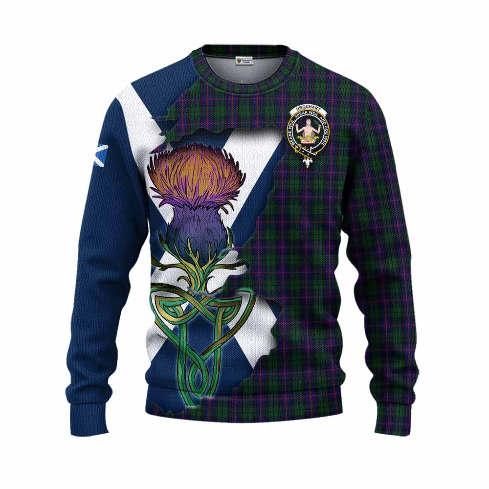 Tartan Vibes Clothing Urquhart Tartan Family Crest Knitted Sweater Scottish Thistle Celtic Inspired