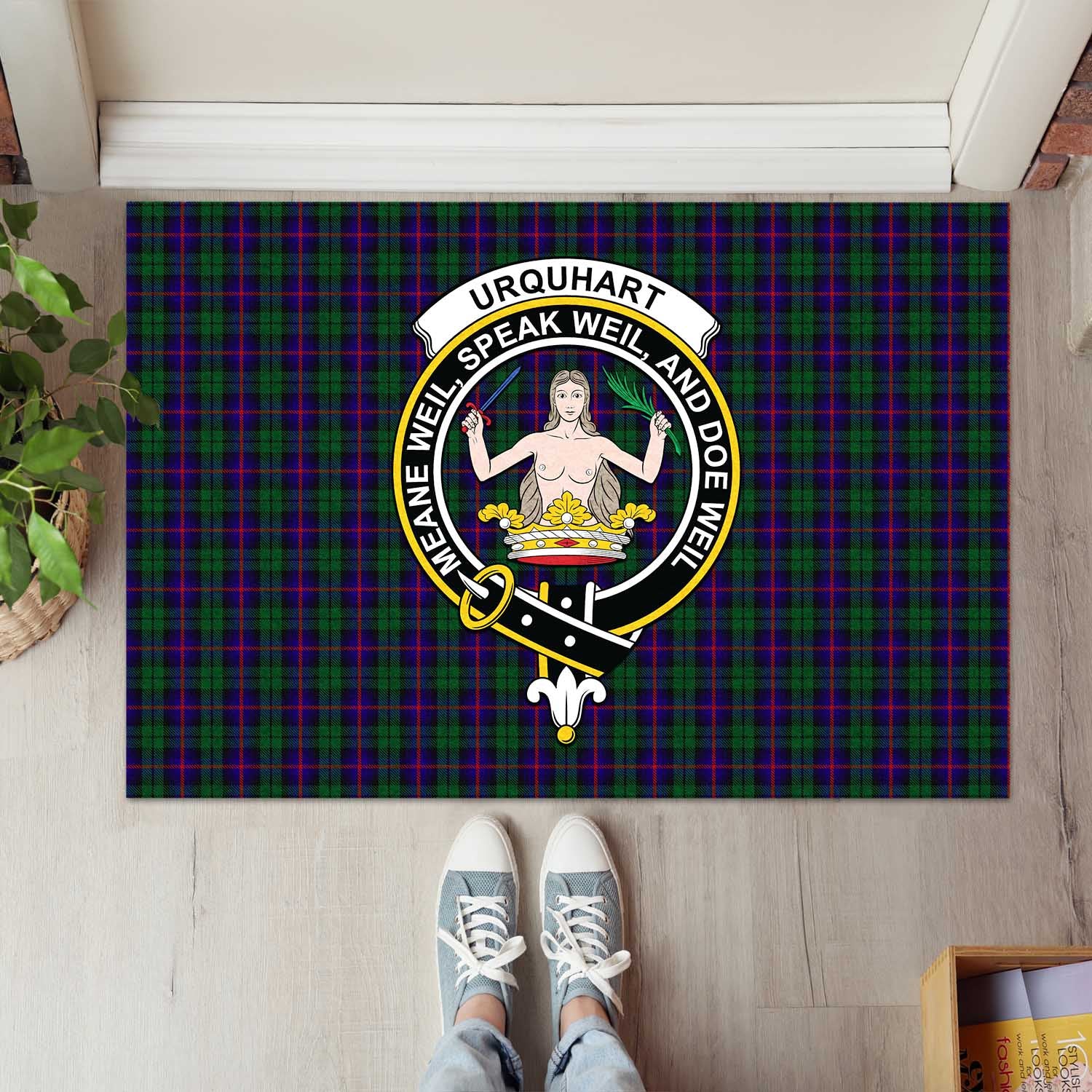 Urquhart Tartan Door Mat with Family Crest - Tartanvibesclothing Shop