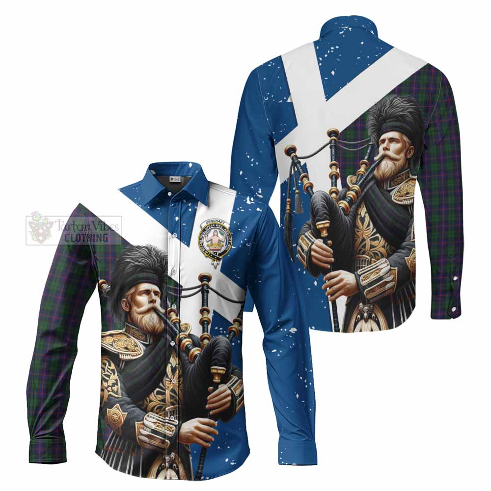 Tartan Vibes Clothing Urquhart Tartan Long Sleeve Button Shirt with Family Crest Scottish Bagpiper Vibes