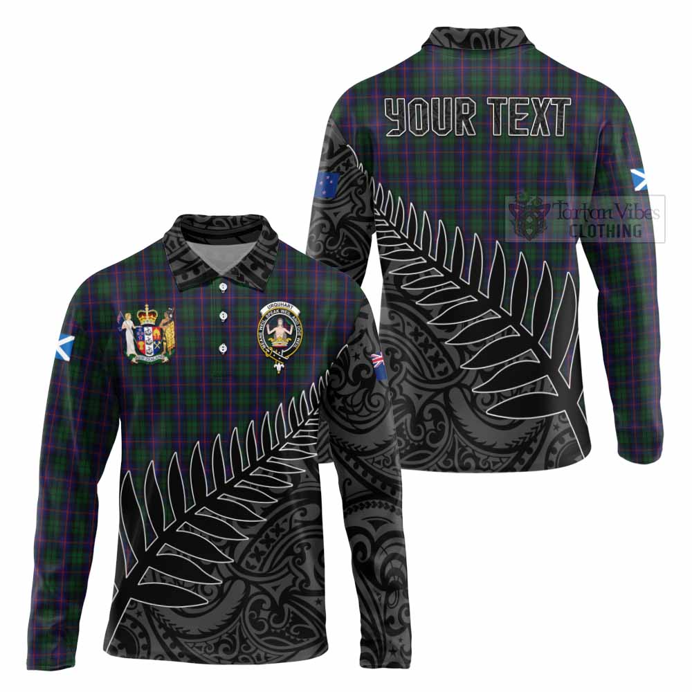 Tartan Vibes Clothing Urquhart Crest Tartan Long Sleeve Polo Shirt with New Zealand Silver Fern Half Style