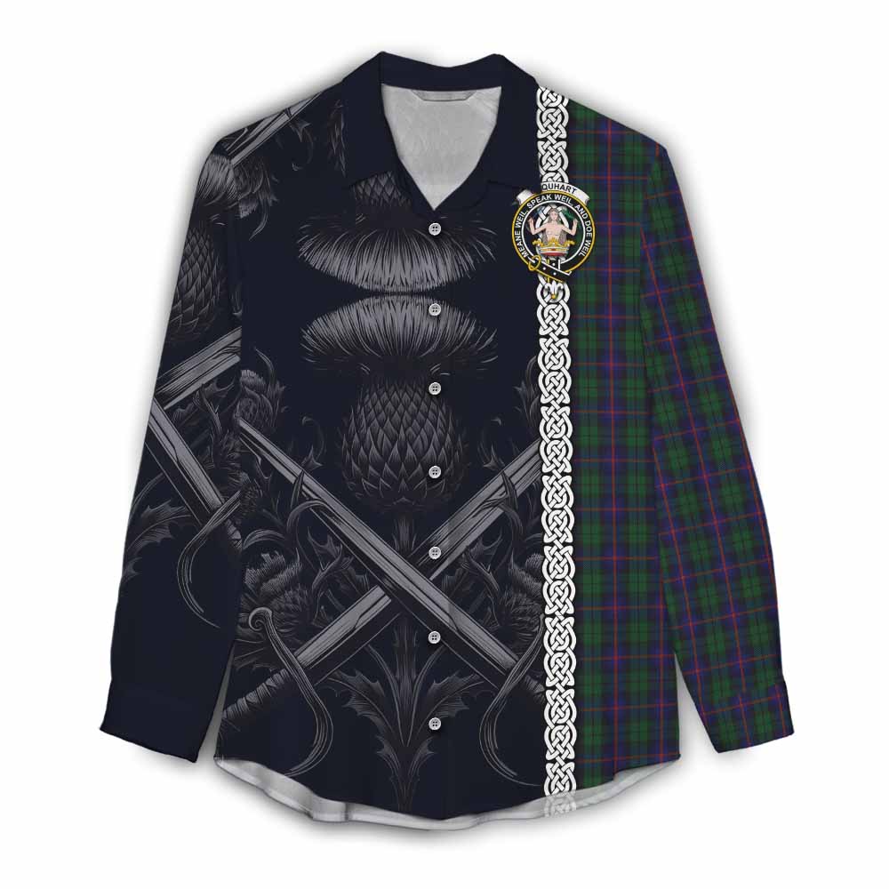 Tartan Vibes Clothing Urquhart Tartan Women's Casual Shirt with Family Crest Cross Sword Thistle Celtic Vibes