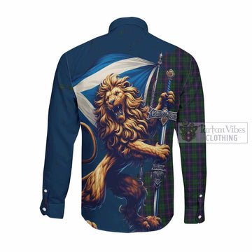 Tartan Vibes Clothing Urquhart Tartan Family Crest Long Sleeve Button Shirt with Scottish Majestic Lion