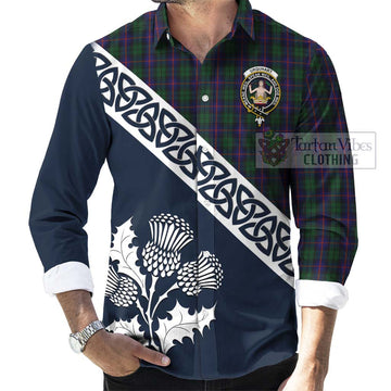 Tartan Vibes Clothing Urquhart Tartan Long Sleeve Button Shirt Featuring Thistle and Scotland Map