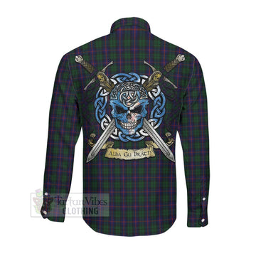 Tartan Vibes Clothing Urquhart Tartan Long Sleeve Button Shirt with Family Crest Celtic Skull Style