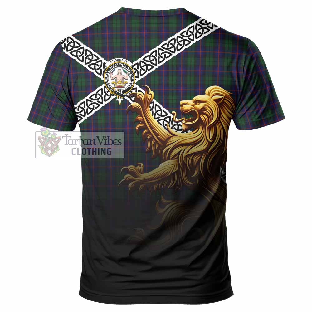 Tartan Vibes Clothing Urquhart Crest Tartan T-Shirt with Golden Lion Emblem Celtic Style