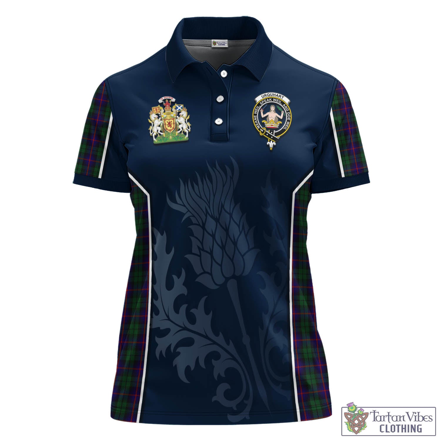 Tartan Vibes Clothing Urquhart Tartan Women's Polo Shirt with Family Crest and Scottish Thistle Vibes Sport Style