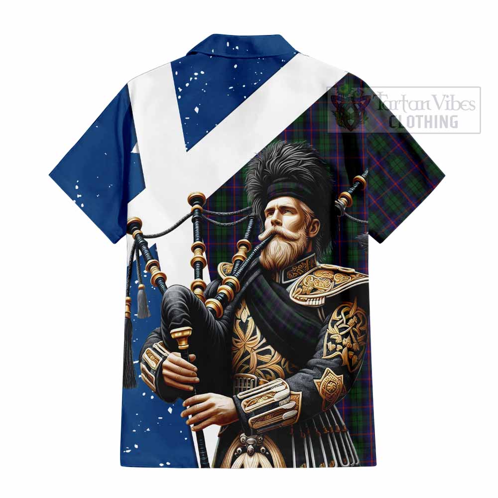 Tartan Vibes Clothing Urquhart Tartan Short Sleeve Button Shirt with Family Crest Scottish Bagpiper Vibes