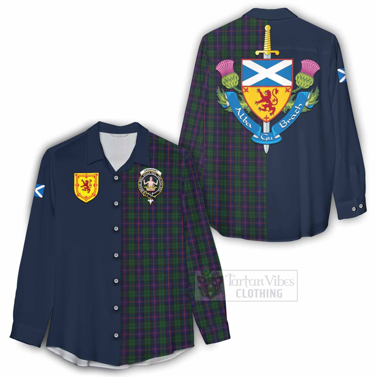 Tartan Vibes Clothing Urquhart Tartan Women's Casual Shirt Alba with Scottish Lion Royal Arm Half Style