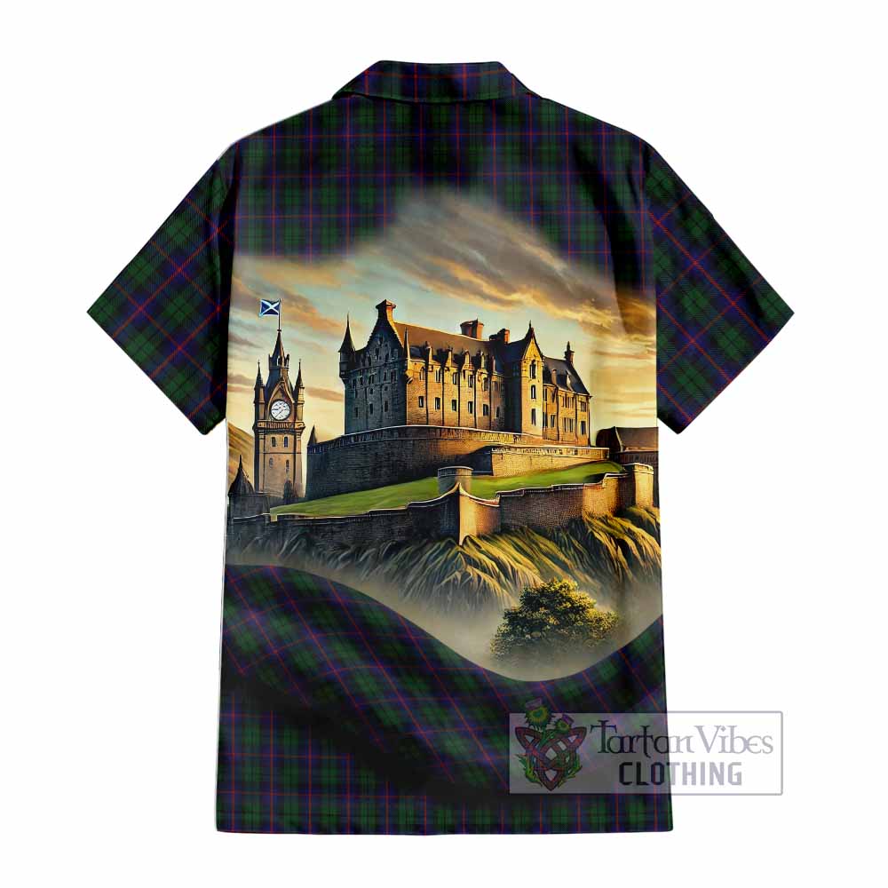 Tartan Vibes Clothing Urquhart Tartan Family Crest Short Sleeve Button Shirt with Scottish Ancient Castle Style