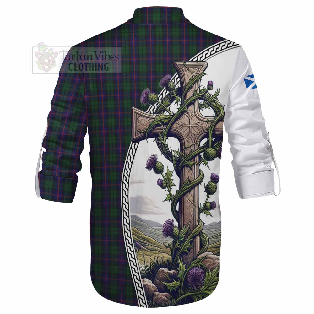 Tartan Vibes Clothing Urquhart Tartan Ghillie Kilt Shirt with Family Crest and St. Andrew's Cross Accented by Thistle Vines