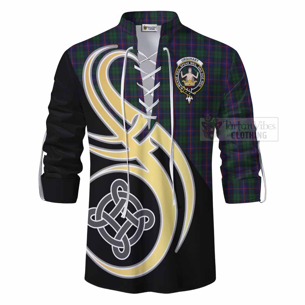 Tartan Vibes Clothing Urquhart Tartan Ghillie Kilt Shirt with Family Crest and Celtic Symbol Style