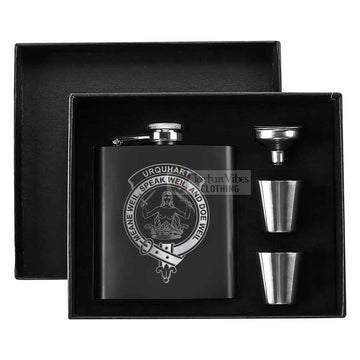 Tartan Vibes Clothing Urquhart Crest Hip Flask Set 7oz Black Stainless Steel with A Gift Box