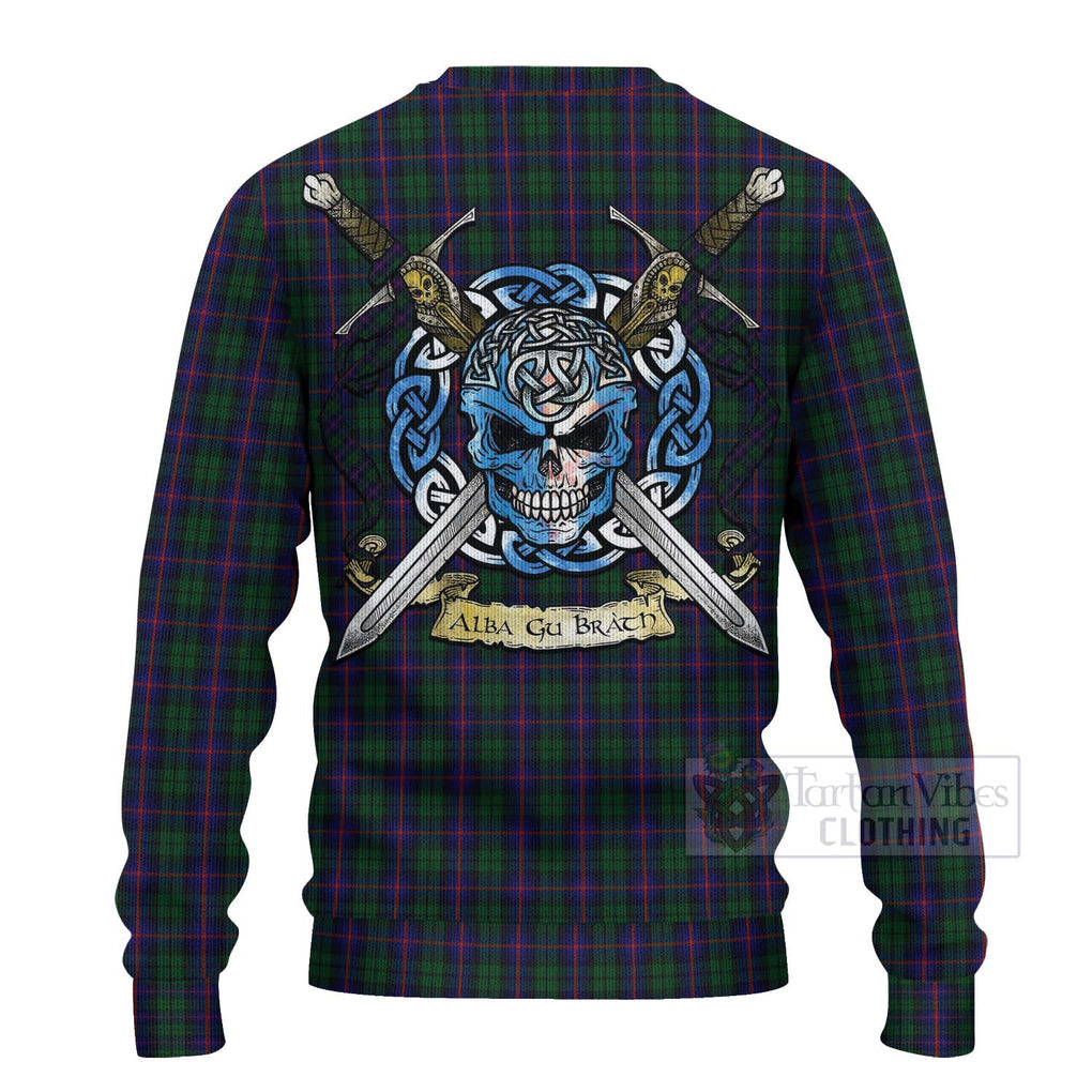 Tartan Vibes Clothing Urquhart Tartan Knitted Sweater with Family Crest Celtic Skull Style