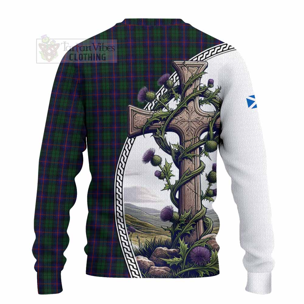 Tartan Vibes Clothing Urquhart Tartan Knitted Sweater with Family Crest and St. Andrew's Cross Accented by Thistle Vines
