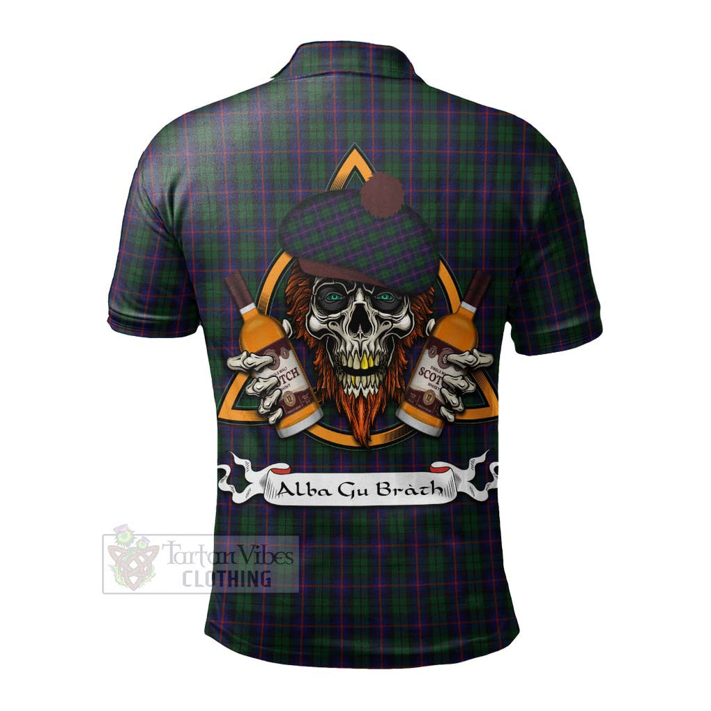 Tartan Vibes Clothing Urquhart Tartan Polo Shirt with Family Crest and Bearded Skull Holding Bottles of Whiskey