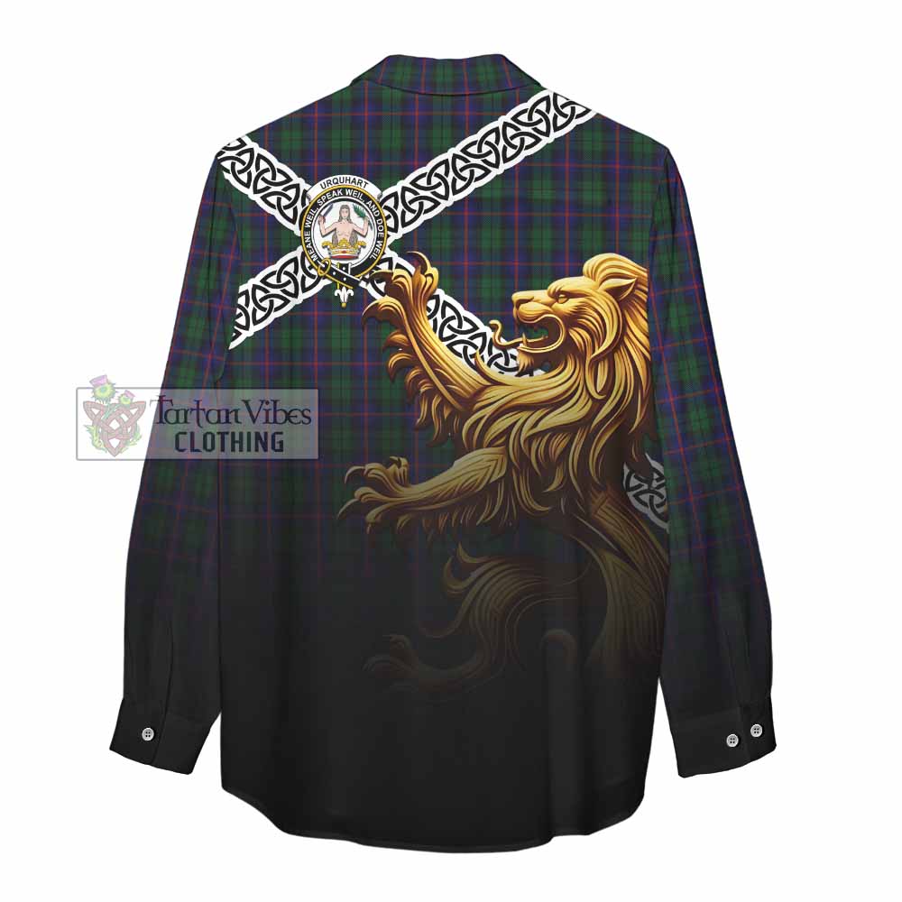 Tartan Vibes Clothing Urquhart Crest Tartan Women's Casual Shirt with Golden Lion Emblem Celtic Style