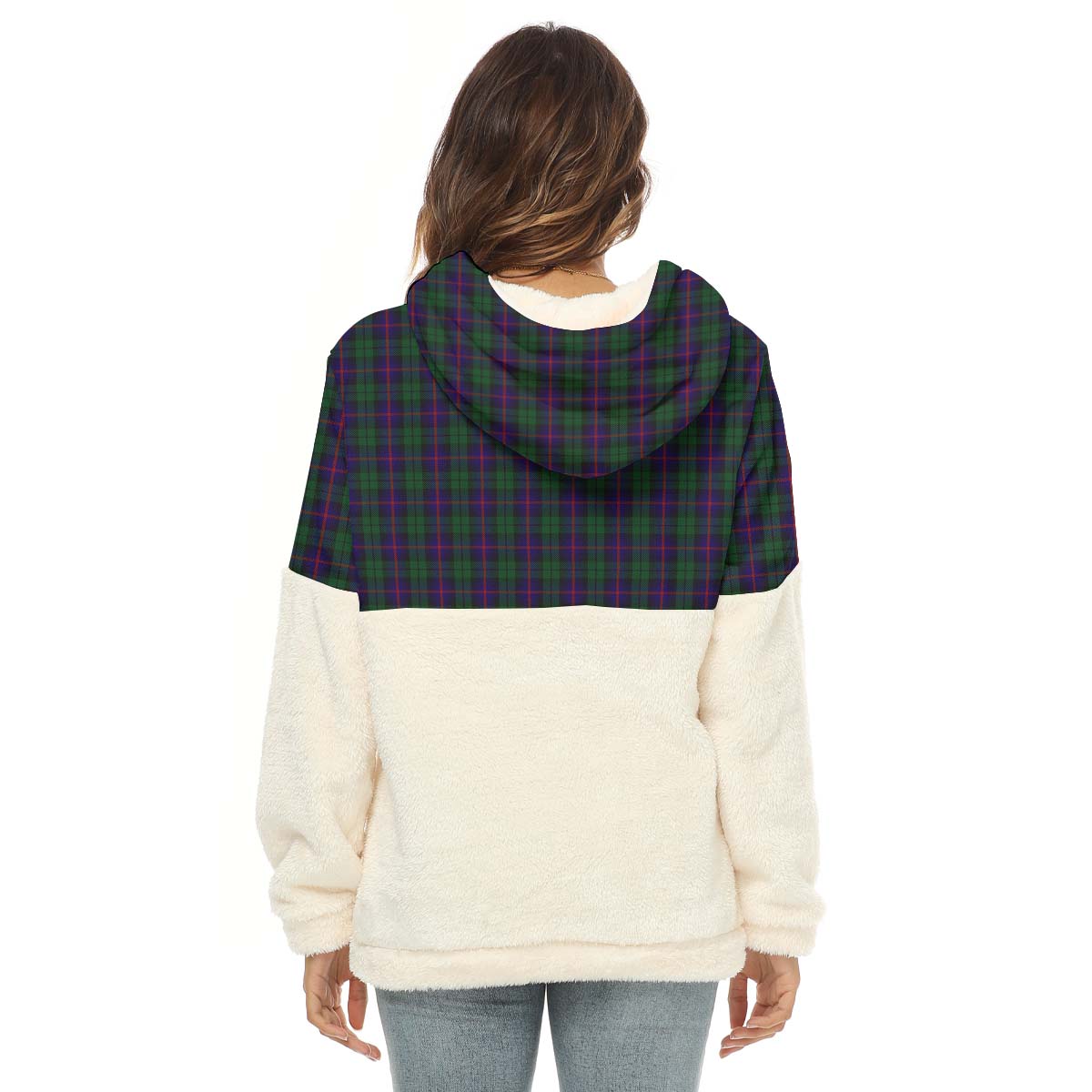 urquhart-tartan-womens-borg-fleece-hoodie-with-half-zip-with-family-crest