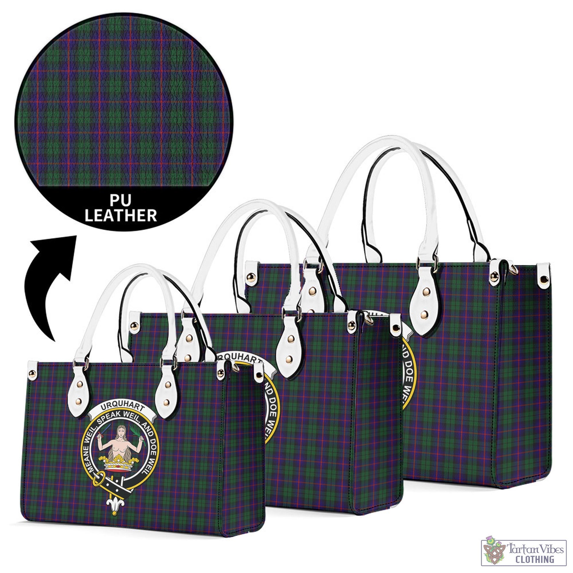 Tartan Vibes Clothing Urquhart Tartan Luxury Leather Handbags with Family Crest