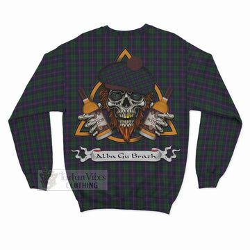 Urquhart Tartan Sweatshirt with Family Crest and Bearded Skull Holding Bottles of Whiskey