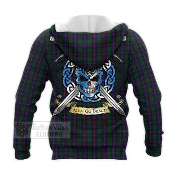 Urquhart Tartan Knitted Hoodie with Family Crest Celtic Skull Style