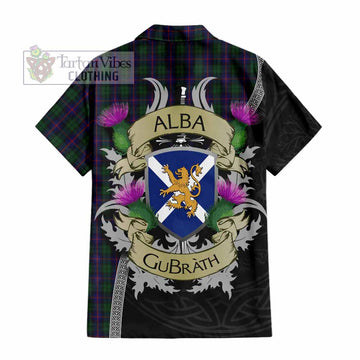 Tartan Vibes Clothing Urquhart Tartan Family Crest Short Sleeve Button Shirt Lion Rampant Royal Thistle Shield Celtic Inspired