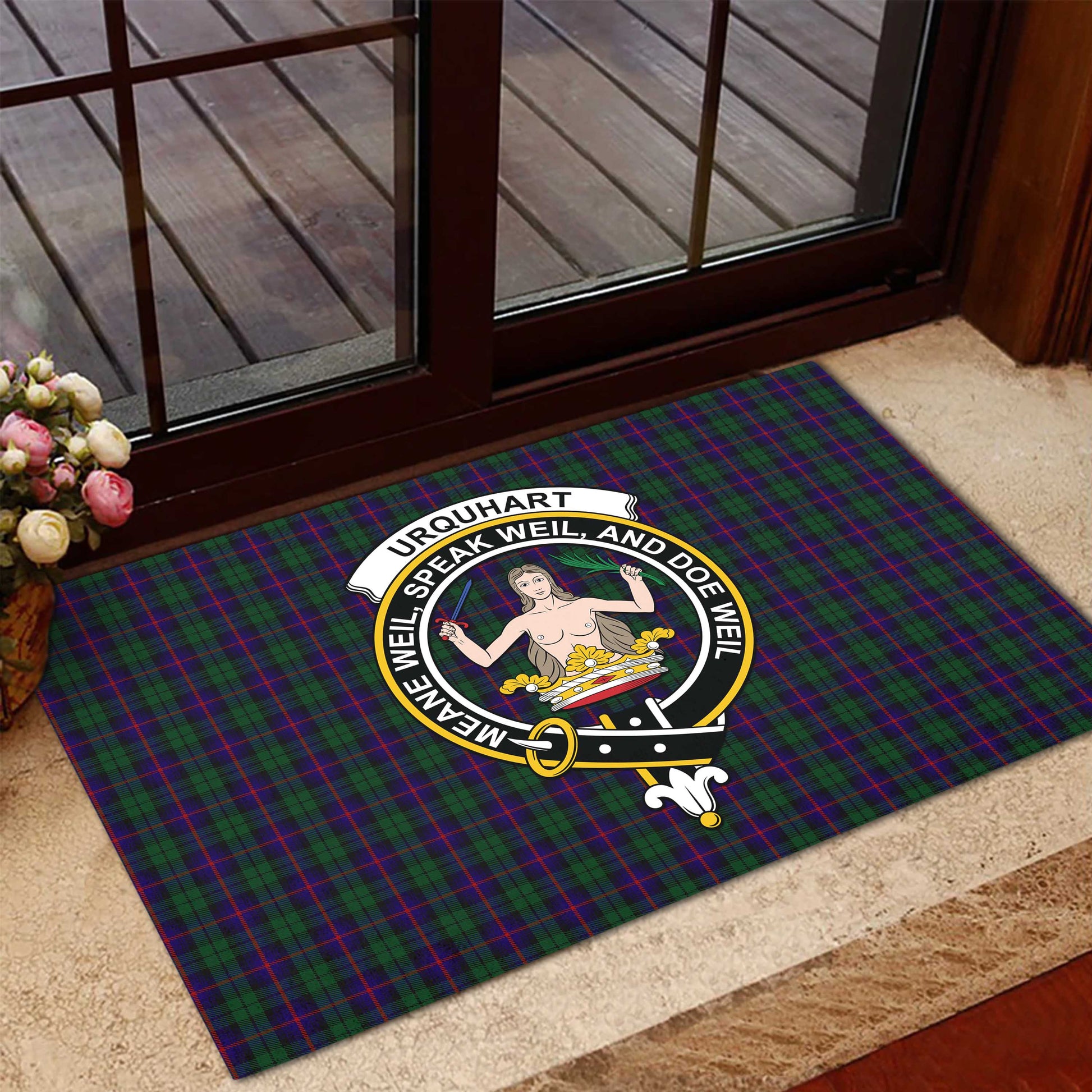 Urquhart Tartan Door Mat with Family Crest - Tartanvibesclothing Shop