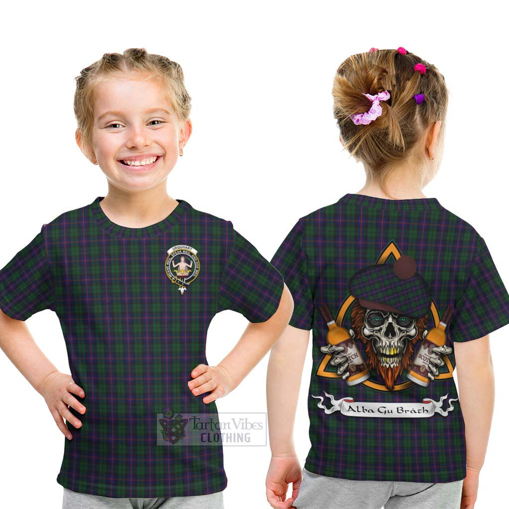 Tartan Vibes Clothing Urquhart Tartan Kid T-Shirt with Family Crest and Bearded Skull Holding Bottles of Whiskey