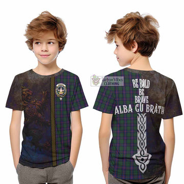 Urquhart Tartan Family Crest Kid T-Shirt Alba Gu Brath Be Brave Lion Ancient Style