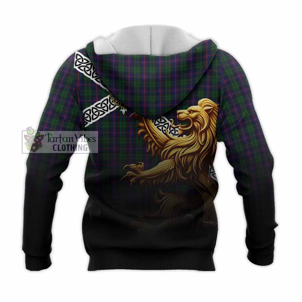 Tartan Vibes Clothing Urquhart Crest Tartan Knitted Hoodie with Golden Lion Emblem Celtic Style