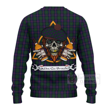 Tartan Vibes Clothing Urquhart Tartan Knitted Sweater with Family Crest and Bearded Skull Holding Bottles of Whiskey