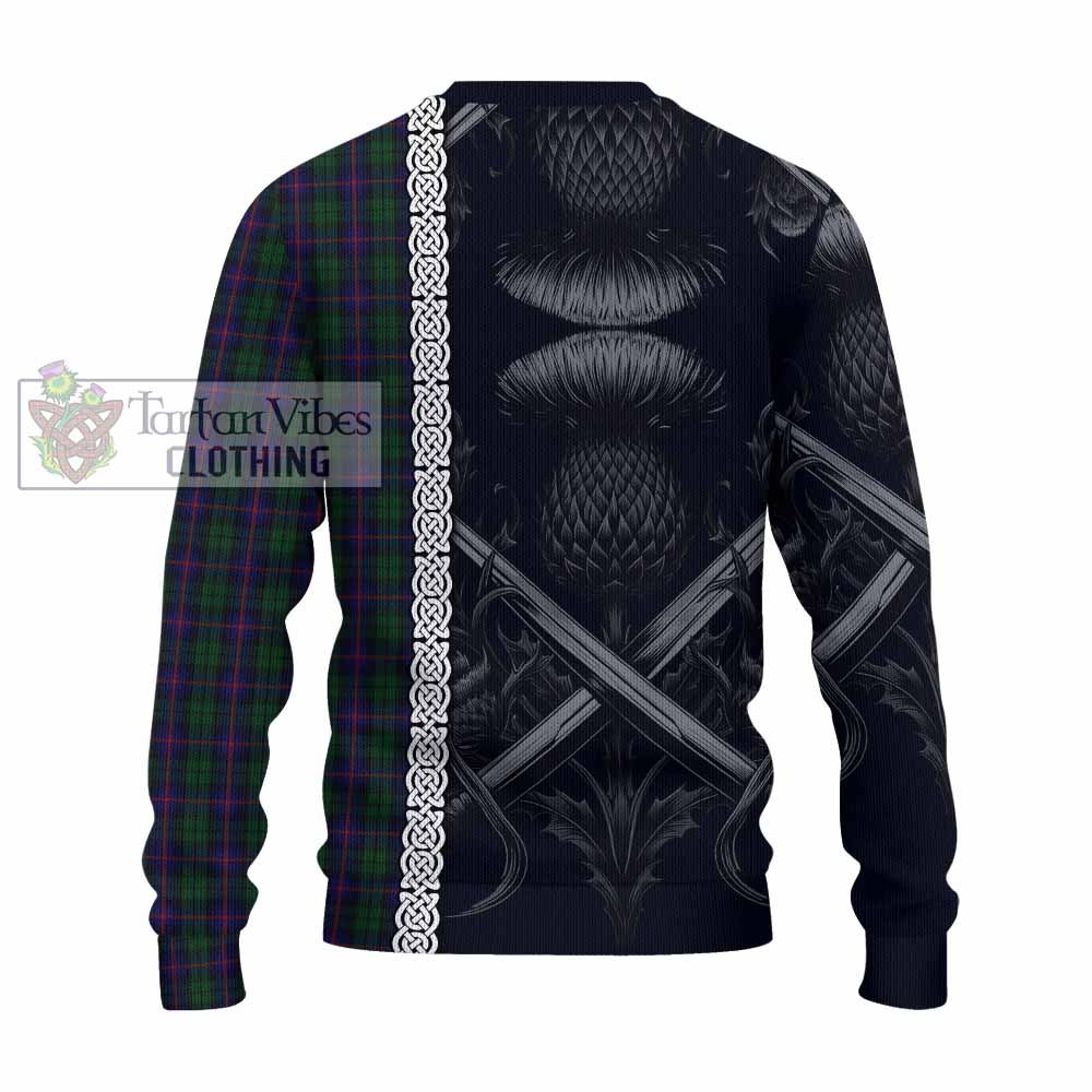 Tartan Vibes Clothing Urquhart Tartan Knitted Sweater with Family Crest Cross Sword Thistle Celtic Vibes