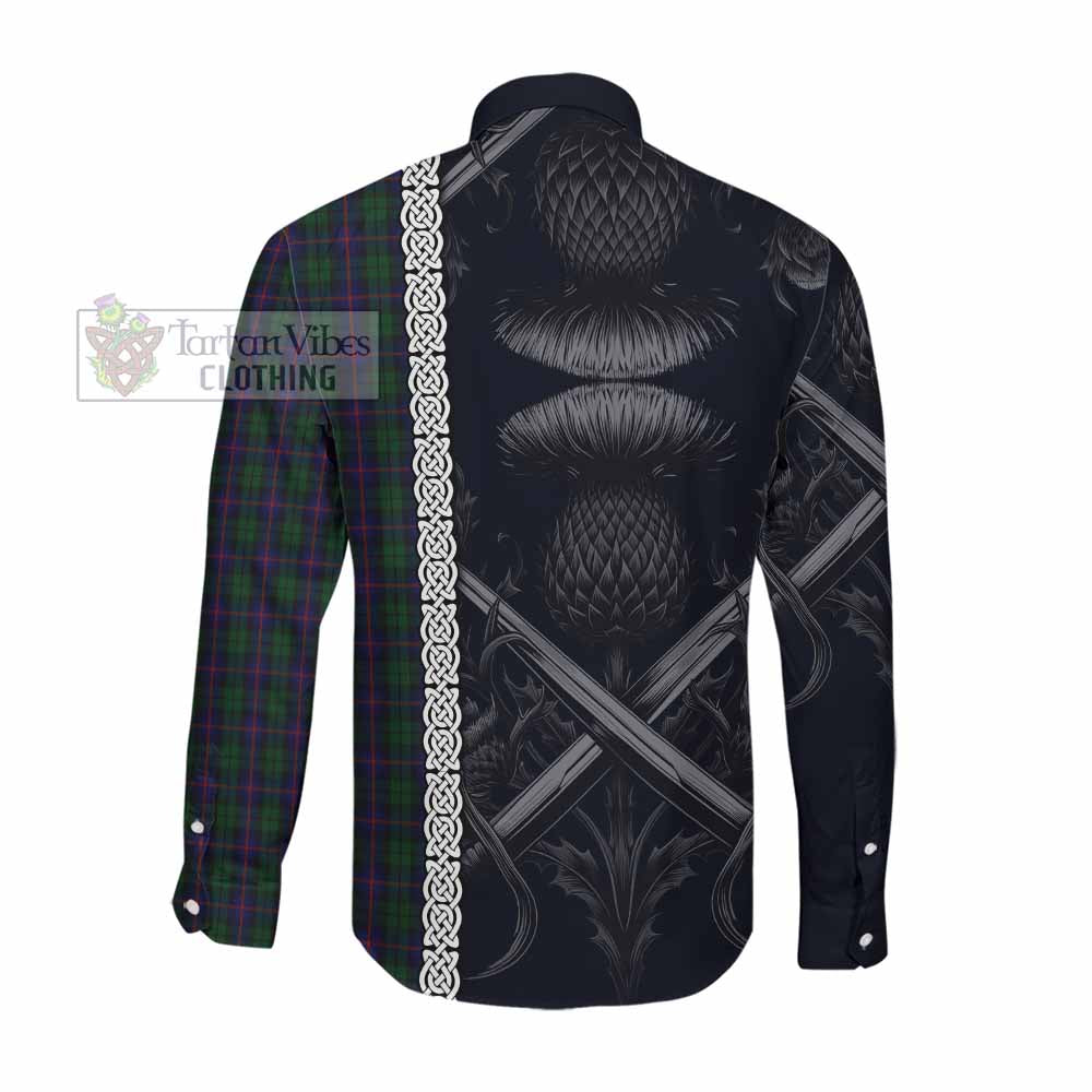 Tartan Vibes Clothing Urquhart Tartan Long Sleeve Button Shirt with Family Crest Cross Sword Thistle Celtic Vibes