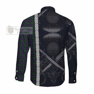 Tartan Vibes Clothing Urquhart Tartan Long Sleeve Button Shirt with Family Crest Cross Sword Thistle Celtic Vibes