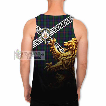 Tartan Vibes Clothing Urquhart Crest Tartan Men's Tank Top with Golden Lion Emblem Celtic Style