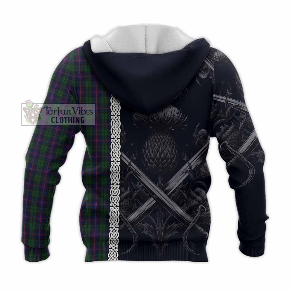 Tartan Vibes Clothing Urquhart Tartan Knitted Hoodie with Family Crest Cross Sword Thistle Celtic Vibes
