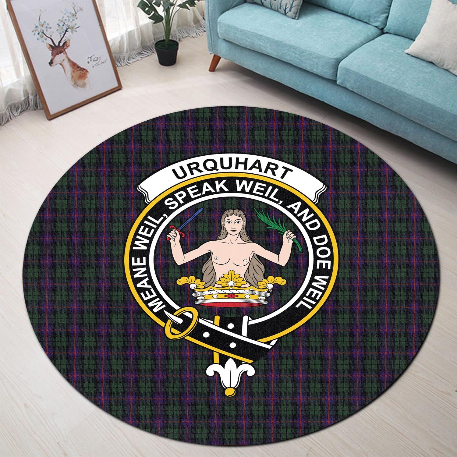 urquhart-tartan-round-rug-with-family-crest