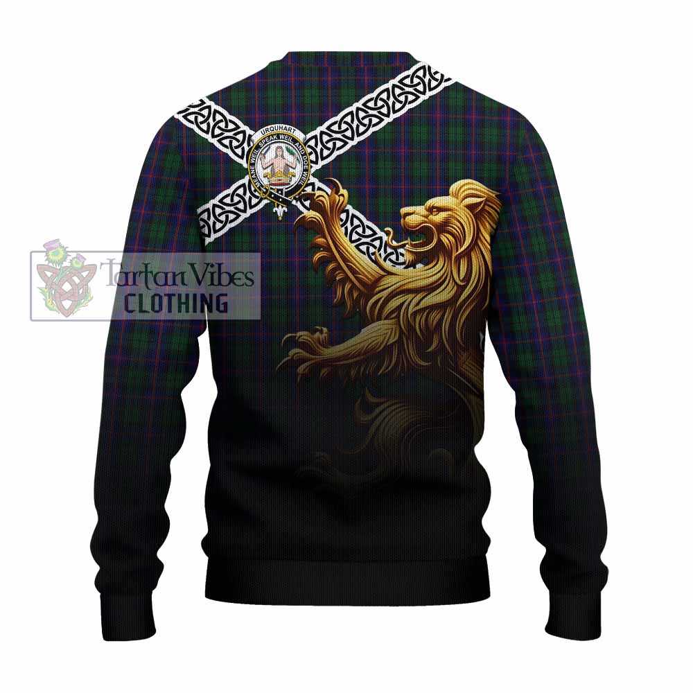 Tartan Vibes Clothing Urquhart Crest Tartan Knitted Sweater with Golden Lion Emblem Celtic Style