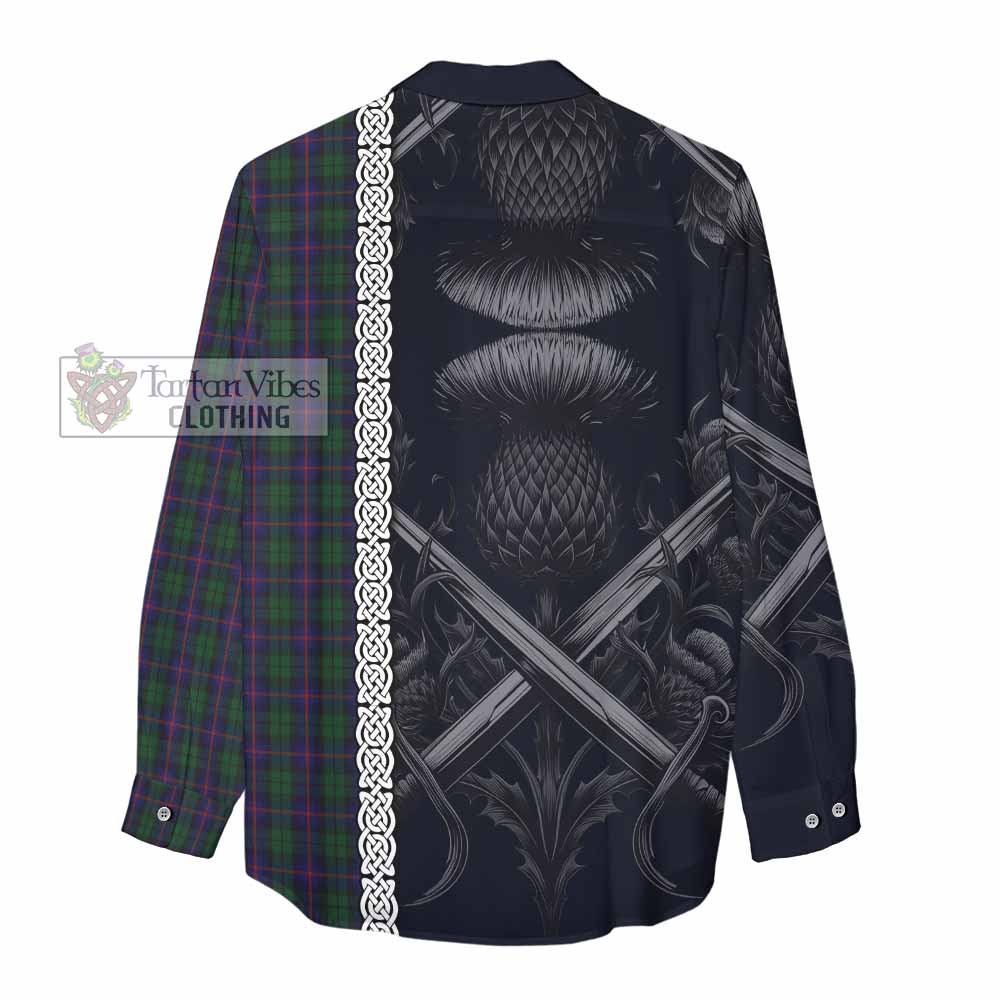 Tartan Vibes Clothing Urquhart Tartan Women's Casual Shirt with Family Crest Cross Sword Thistle Celtic Vibes