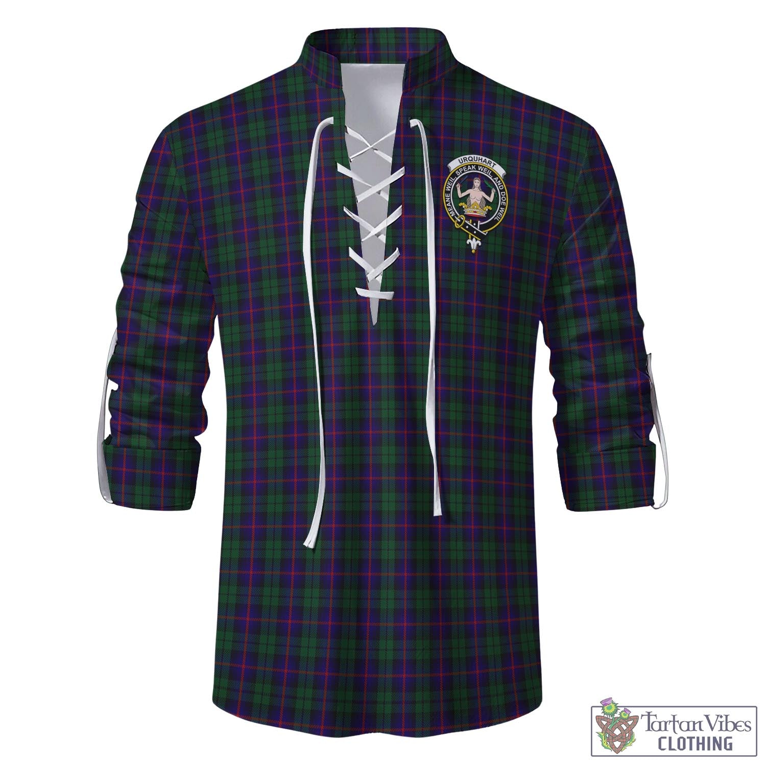 Tartan Vibes Clothing Urquhart Tartan Men's Scottish Traditional Jacobite Ghillie Kilt Shirt with Family Crest